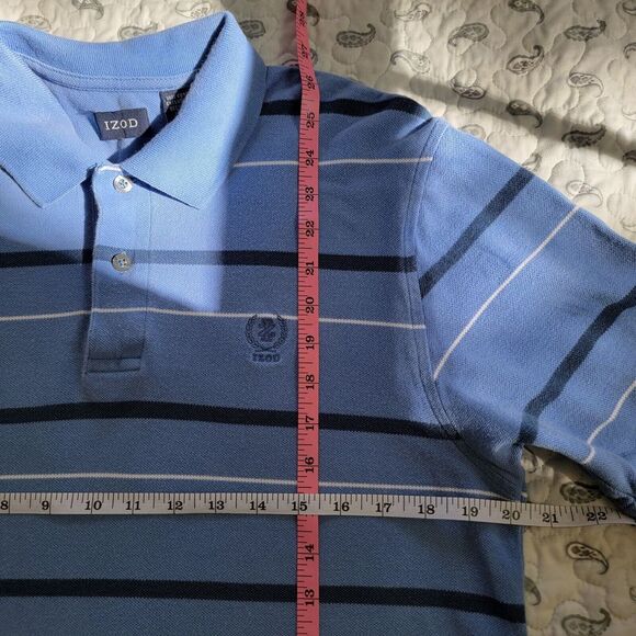Izod Men's Medium Blue Polo Shirt Striped Short Sleeve Polo Navy White Stripes - Picture 5 of 6